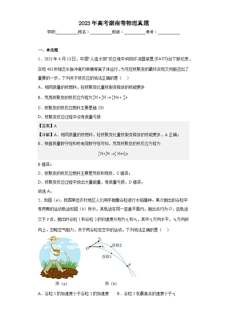 2023年高考湖南卷物理真题（解析版）01