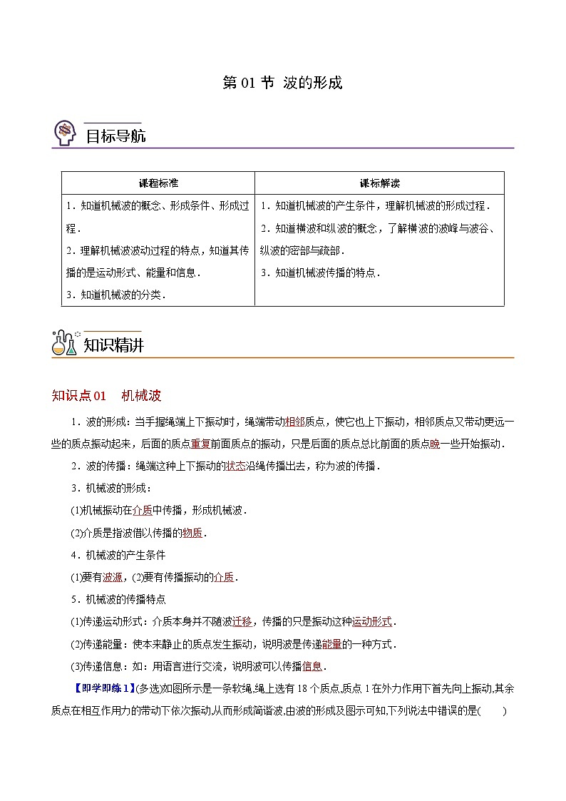 【同步讲义】（人教版2019）高中物理选修第一册-第三章-机械波--第01讲 波的形成 讲义01