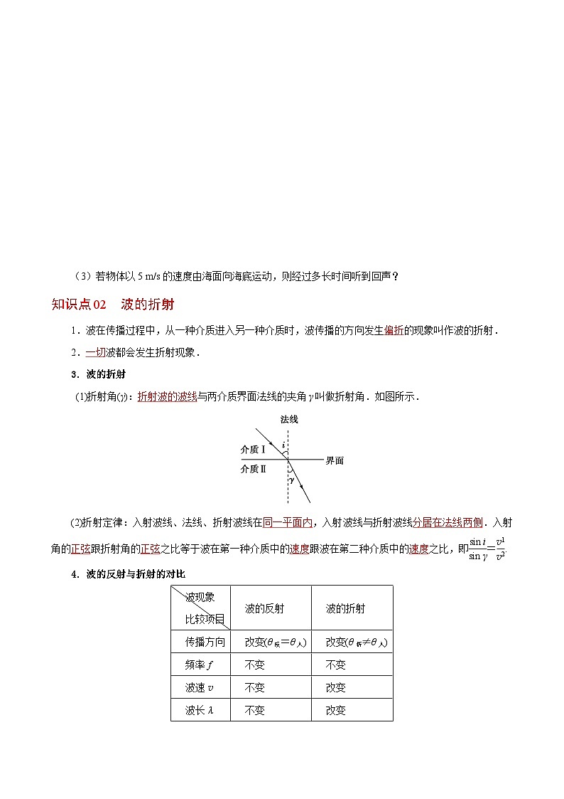【同步讲义】（人教版2019）高中物理选修第一册-第三章-机械波--第03讲 波的反射、折射和衍射 讲义03