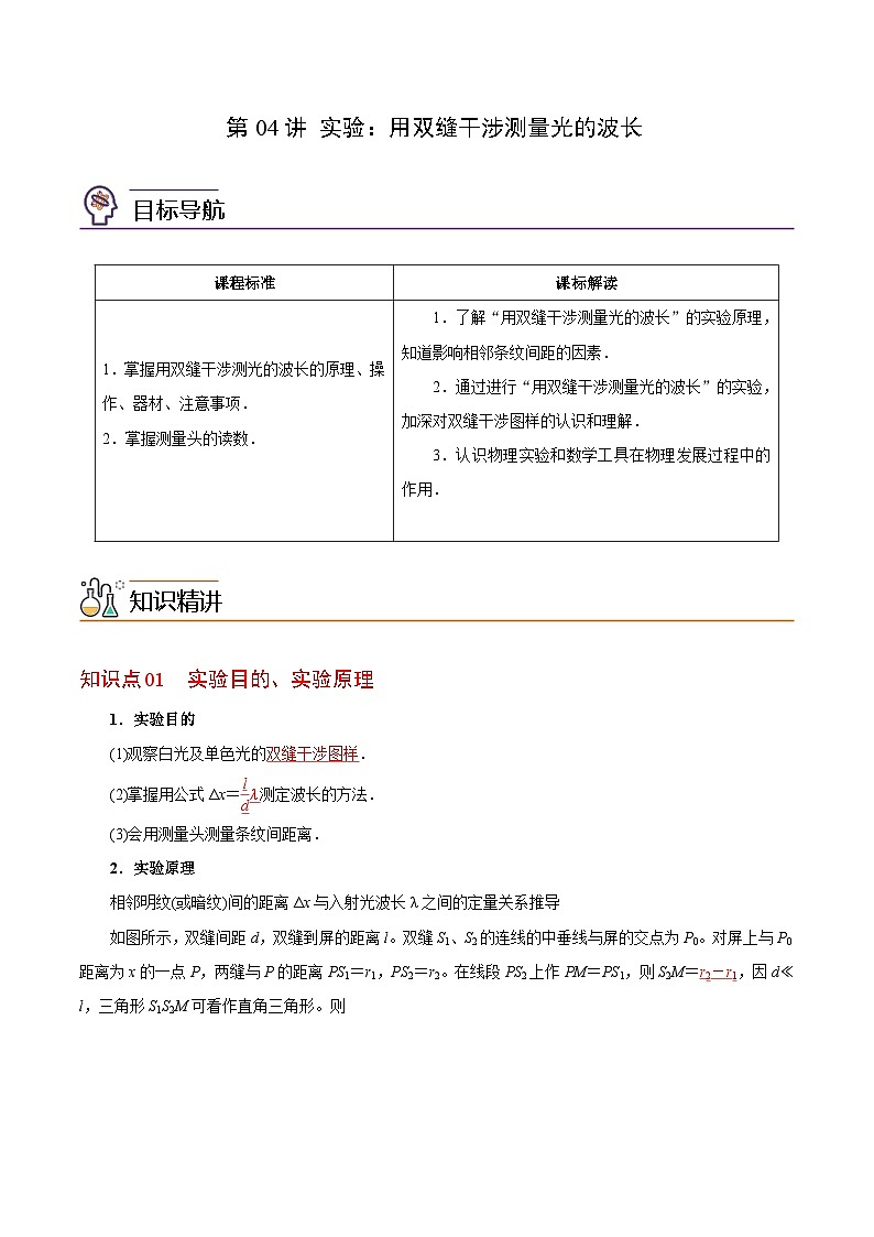【同步讲义】（人教版2019）高中物理选修第一册-第四章-光--第04讲 实验：用双缝干涉测量光的波长 讲义01