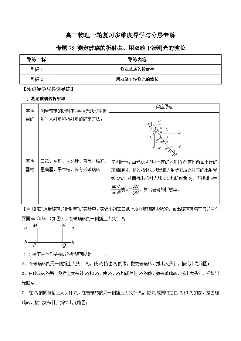 专题75 测定玻璃的折射率、用双缝干涉测光的波长（原卷版）第1页
