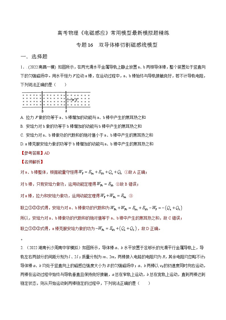 专题16 双导体棒切割磁感线模型-2023年高考物理电磁感应常用模型最新模拟题精练（解析版）01