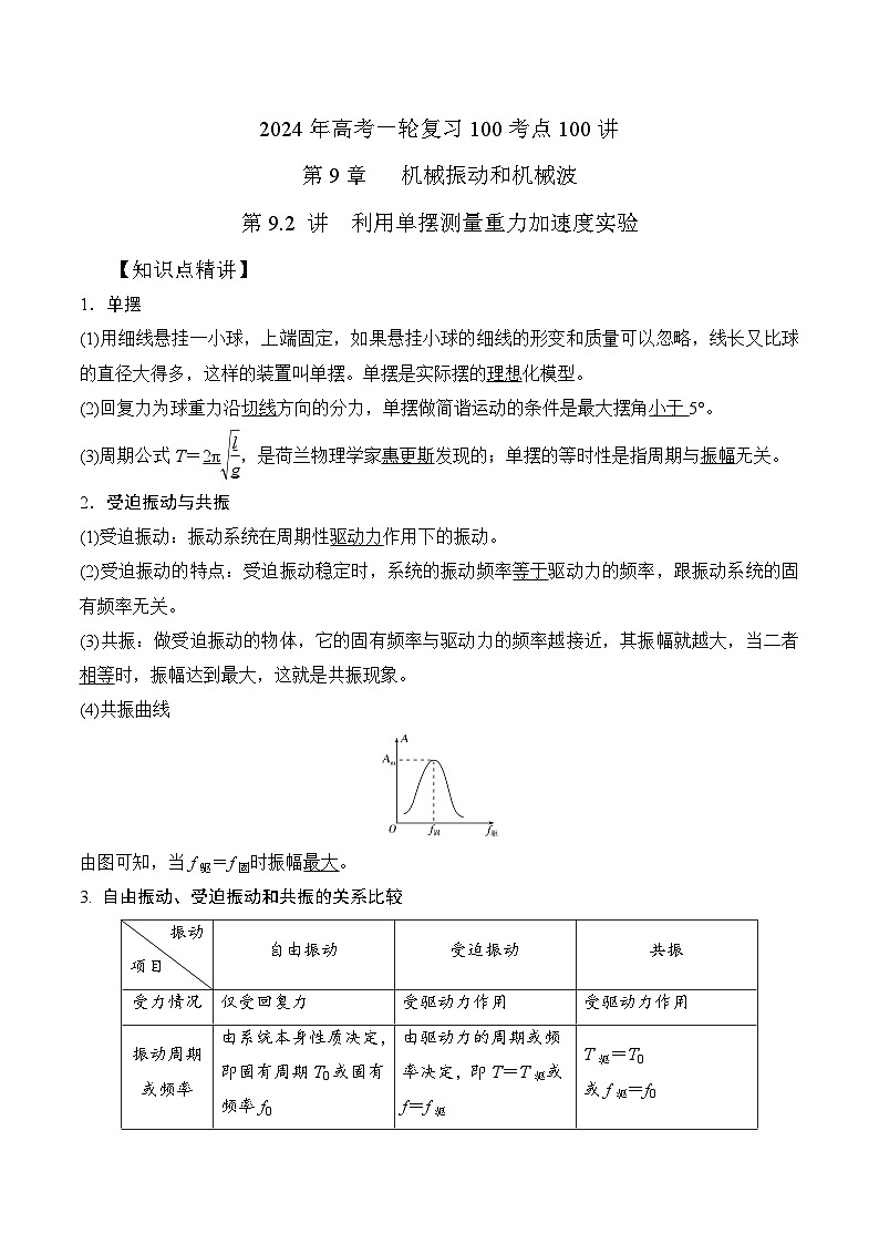 9-2单摆和受迫振动、共振（解析版）--2024高考一轮物理复习100考点100讲第1页