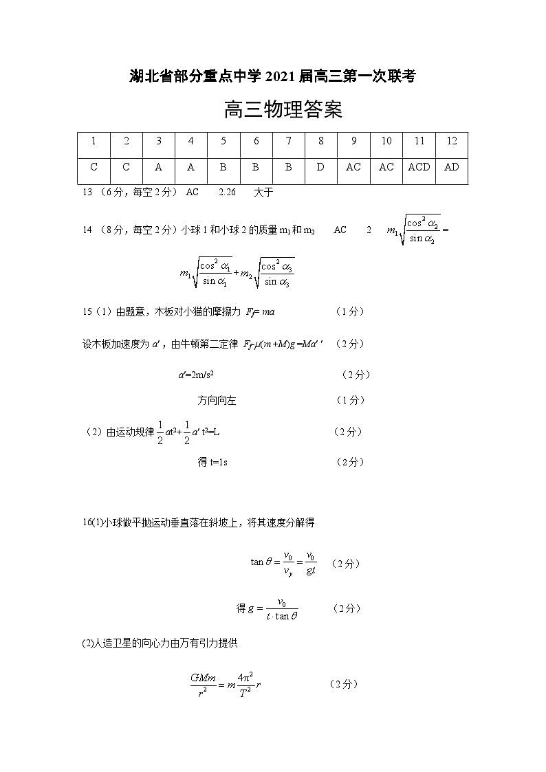 湖北省部分重点中学2021届高三第一次联考高三物理参考答案第1页