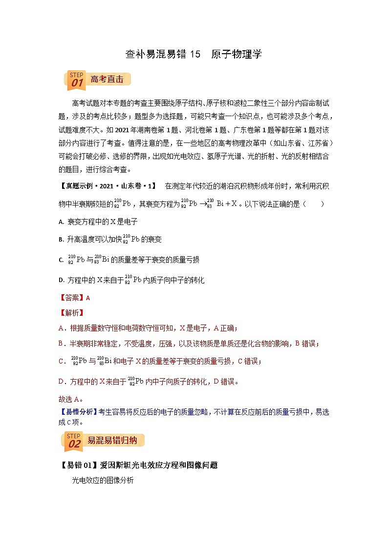 查补易混易错15  原子物理学-【查漏补缺】2022年高考物理三轮冲刺过关（解析版）第1页