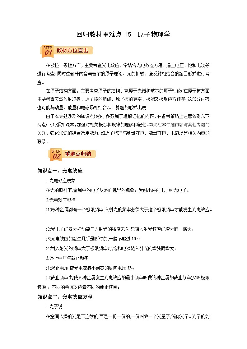 回归教材重难点15  原子物理学-【查漏补缺】2022年高考物理三轮冲刺过关（原卷版）01
