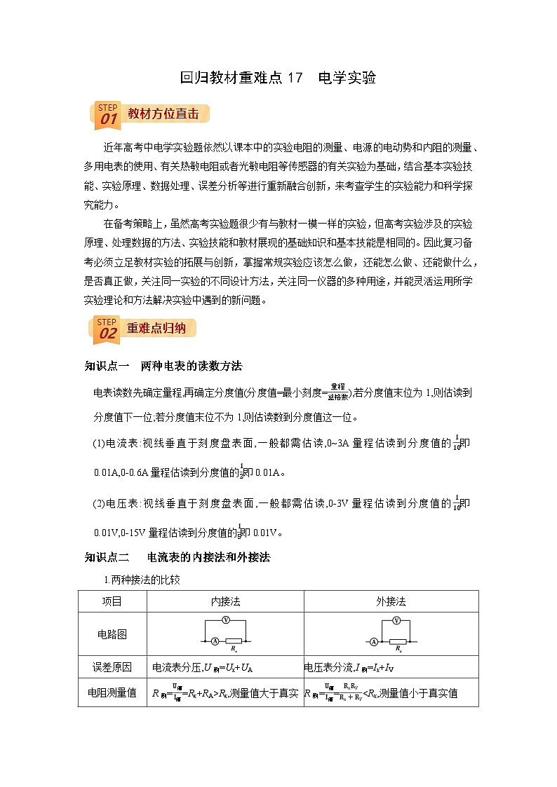 回归教材重难点17  电学实验-【查漏补缺】2022年高考物理三轮冲刺过关（原卷版）01
