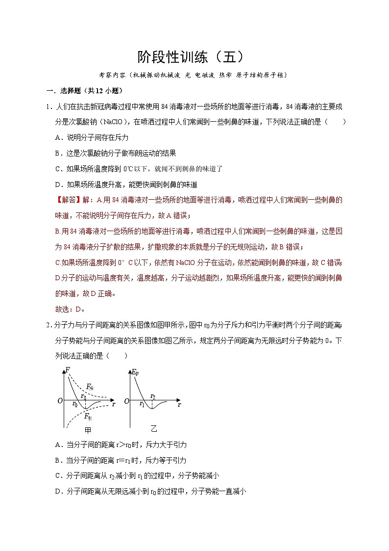 阶段性训练（五）-2024年高考物理一轮考点复习精讲精练（全国通用）（解析版）（内容：机械振动机械波 光 电磁波 热学 原子结构原子核）01
