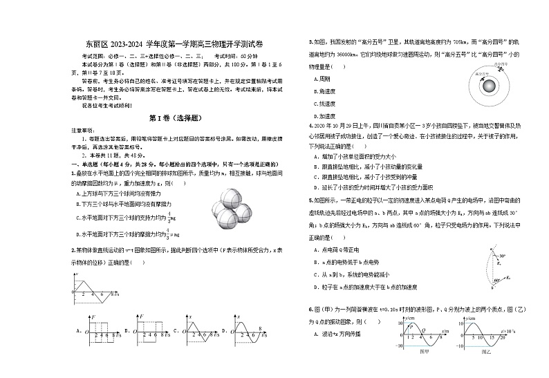 天津市东丽区2023-2024学年高三上学期开学测试物理试题第1页