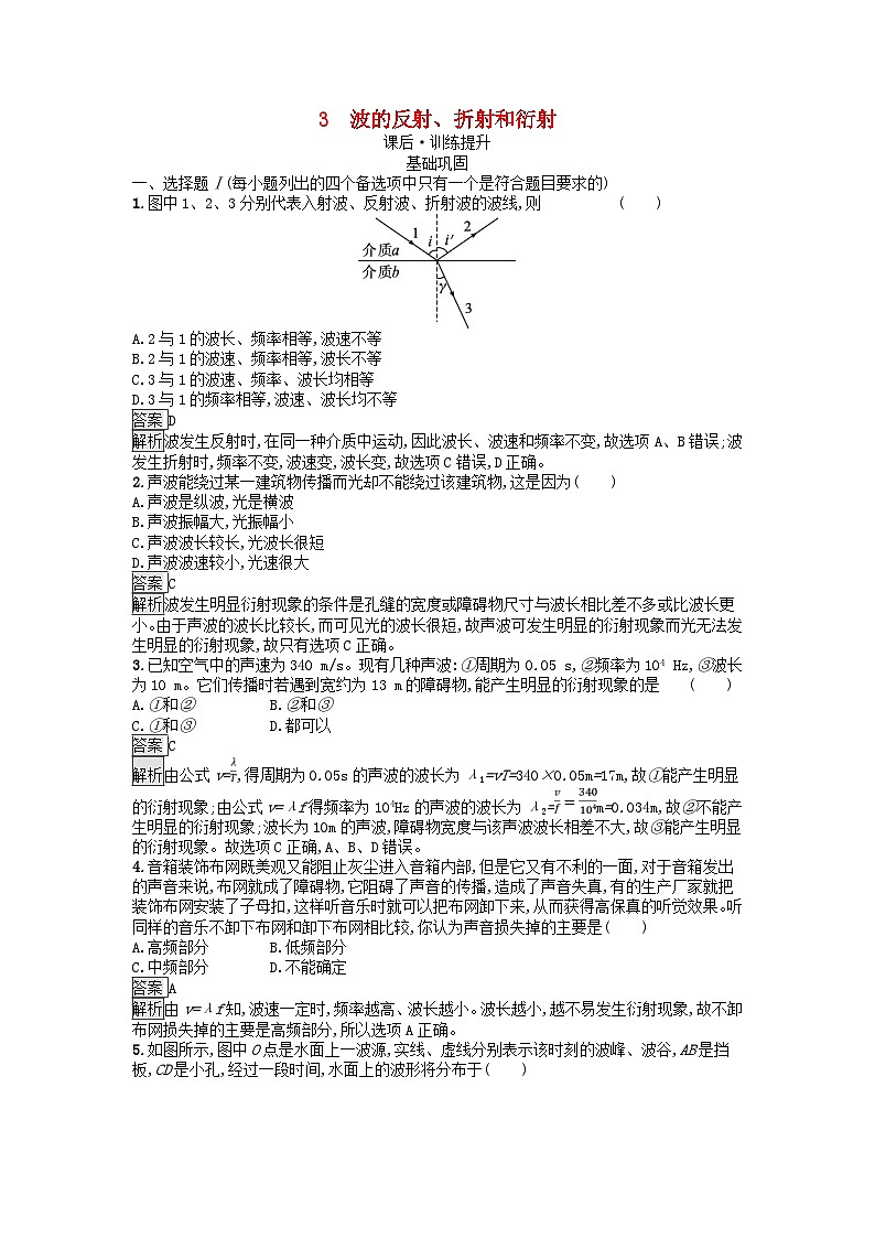 浙江专版2023_2024学年新教材高中物理第3章机械波3波的反射折射和衍射训练提升新人教版选择性必修第一册第1页
