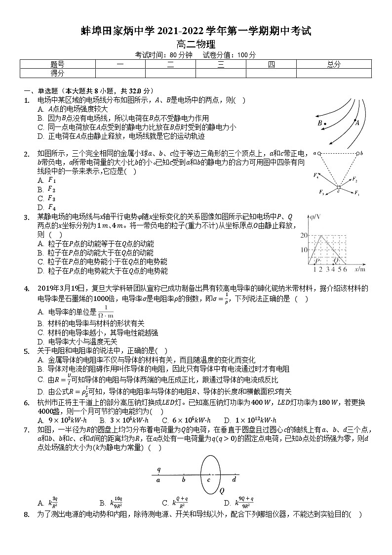 安徽省蚌埠田家炳中学2021-2022学年高二上学期期中考试物理【试卷+答案】01