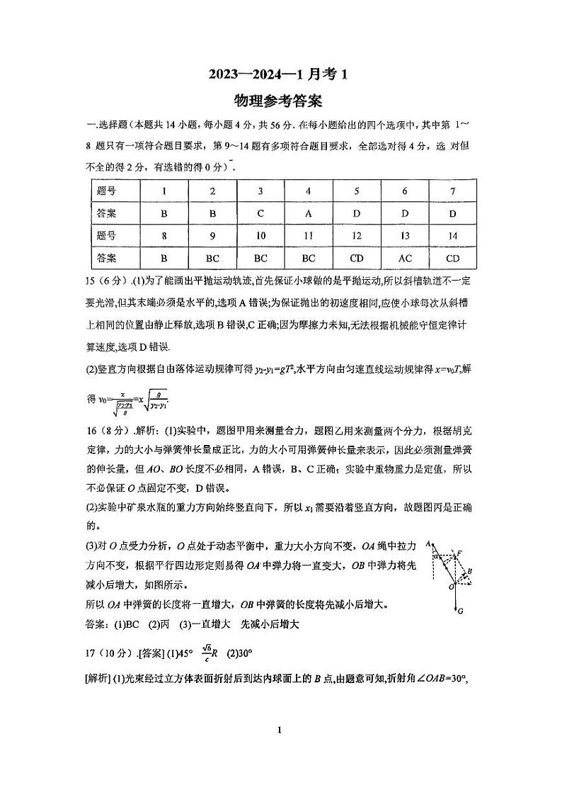 陕西省西安市铁一中学2023-2024学年高三上学期9月月考 物理答案和解析第1页