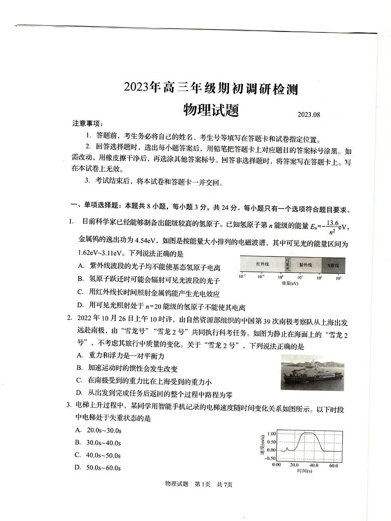 山东省青岛市2024届高三上学期期初调研 物理第1页
