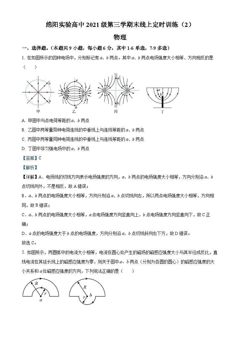 四川省绵阳实验高级中学2022-2023学年高二物理上学期线上期末模拟试题（Word版附解析）01