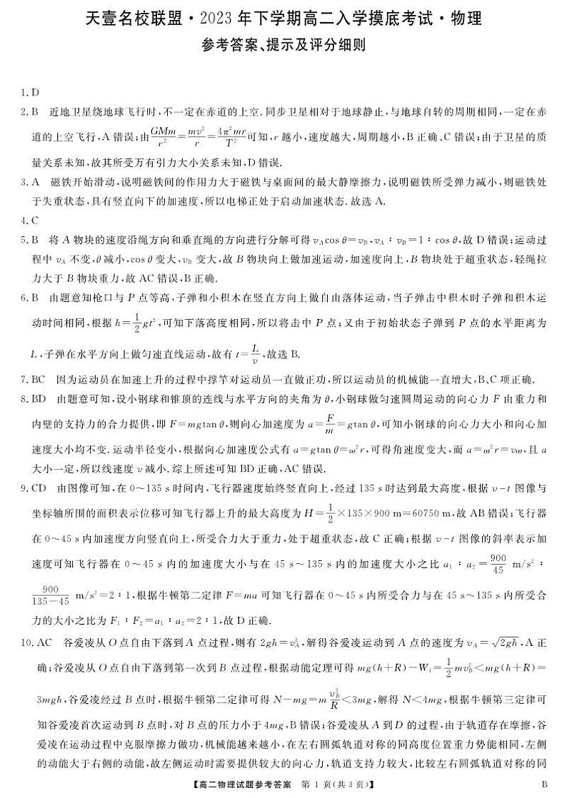 2023天一大联考高二入学联考物理试卷、答案、答题卡01