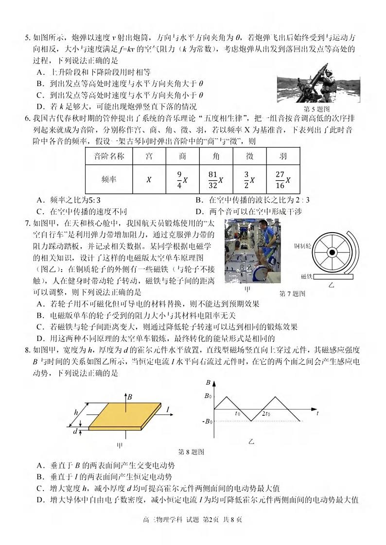 _物理｜浙江省七彩阳光2024届高三上学期返校联考物理试卷及答案第2页