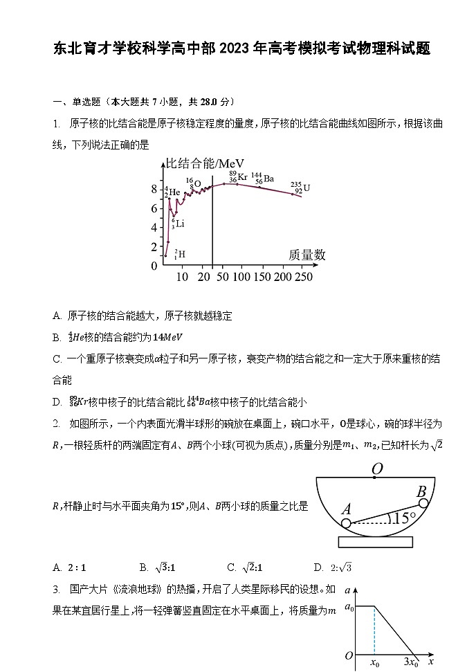 辽宁省东北育才学校科学高中部2023届高三物理最后一次模拟考试试卷（Word版附解析）第1页