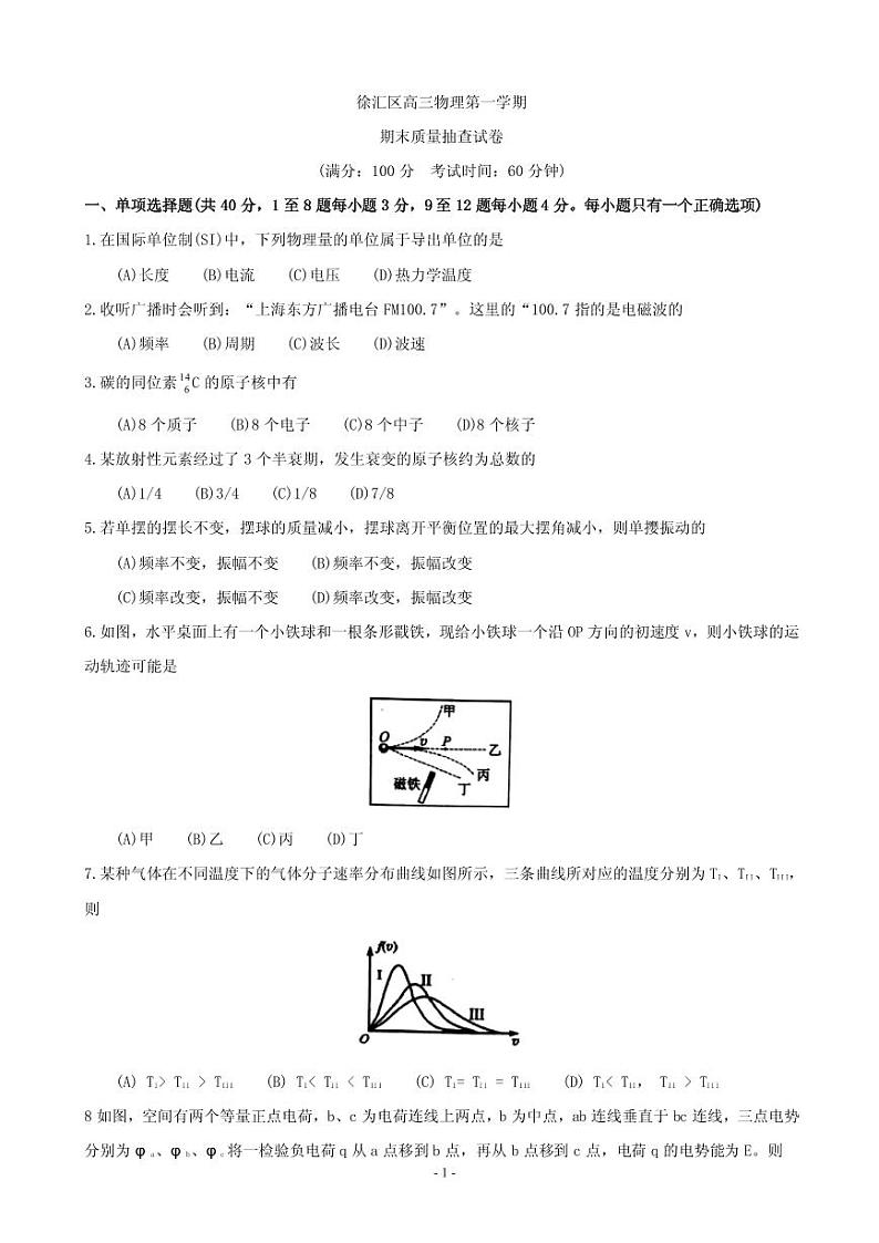 2019届上海市徐汇区高三上学期期末质量抽查（一模）物理试卷（PDF版）第1页
