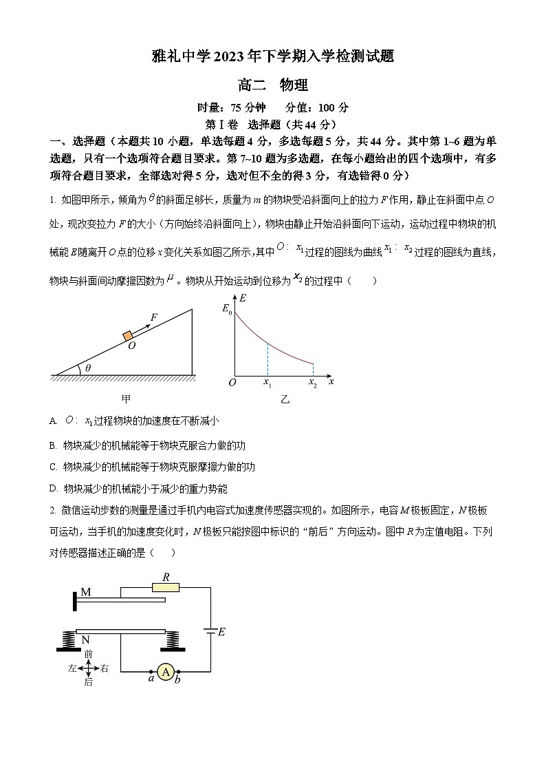 2024长沙雅礼中学高二上学期入学考试物理试题含解析01