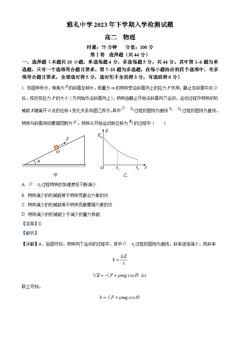 湖南省长沙市雅礼中学2023-2024学年高二物理上学期开学考试试题（Word版附解析）01