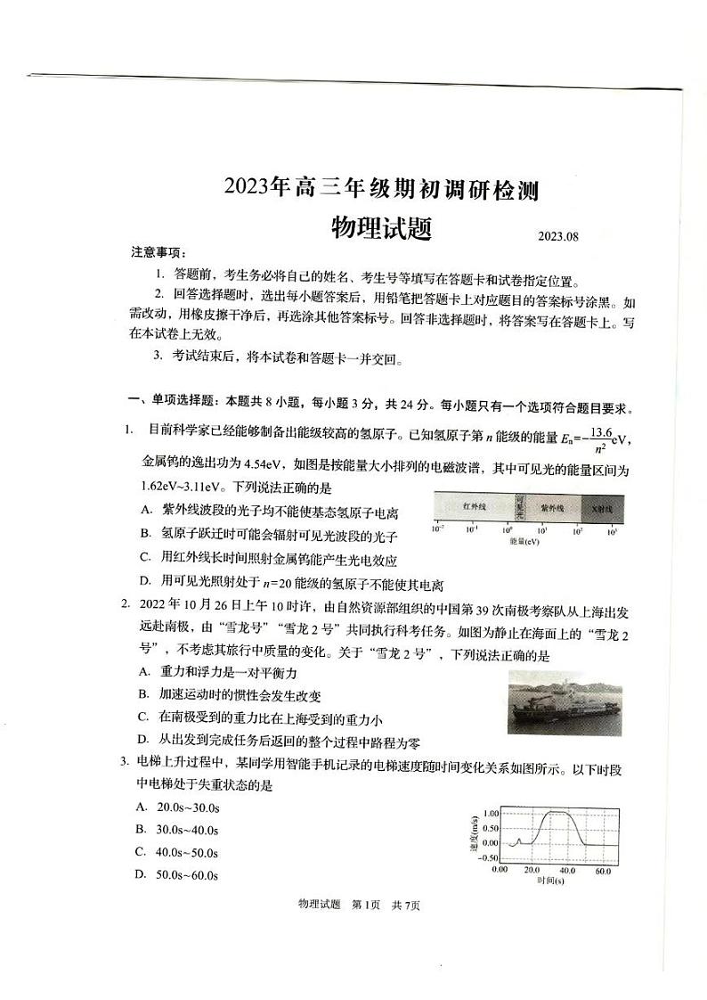 山东省青岛市2023-2024高三上学期期初调研检测物理试卷及答案01