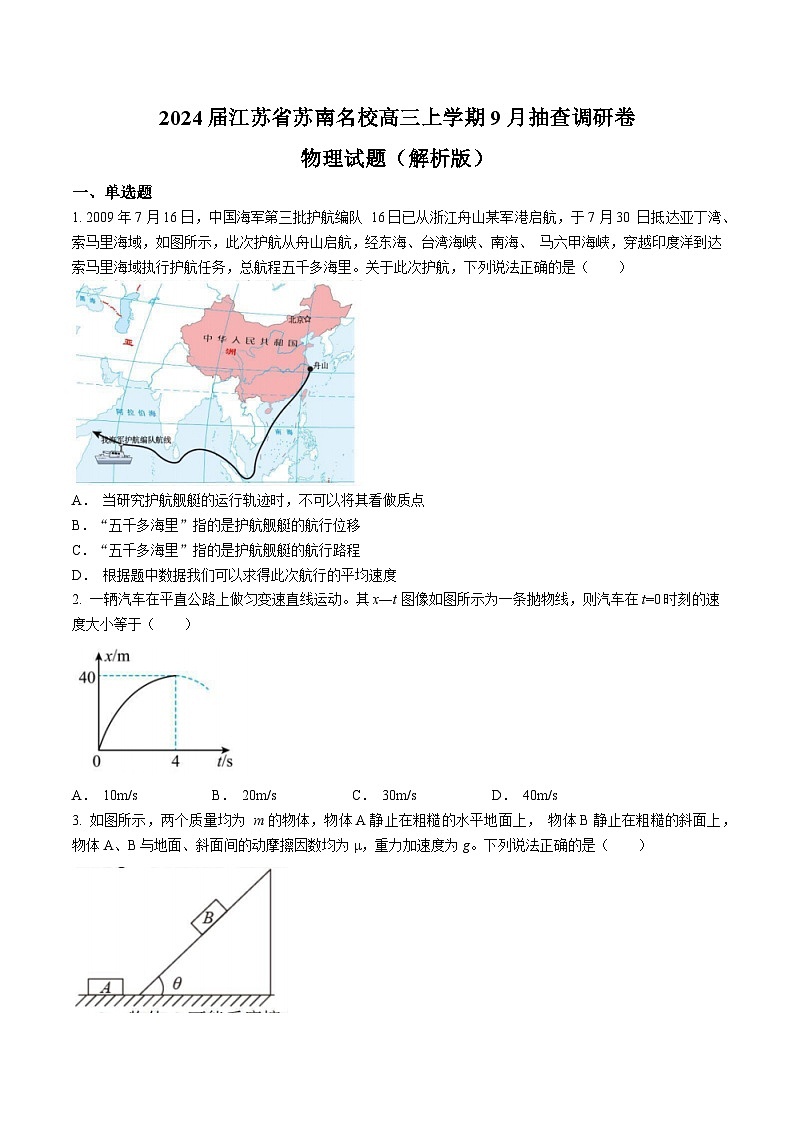 2024届江苏省苏南名校高三上学期9月抽查调研卷物理试题（解析版）01