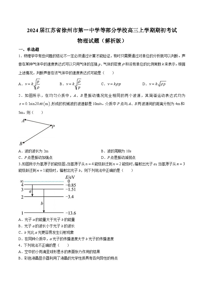 2024届江苏省徐州市第一中学等部分学校高三上学期期初考试物理试题（解析版）01