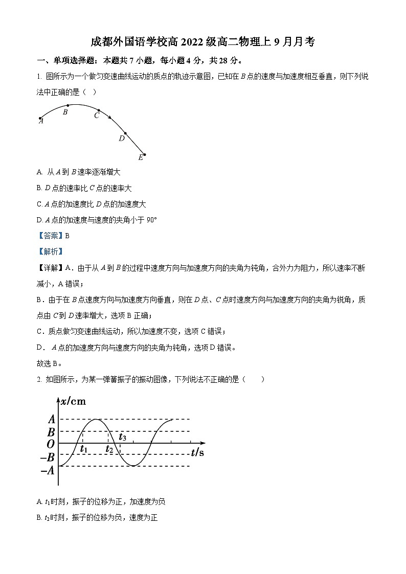 2024成都外国语学校高二上学期9月月考物理试题含解析01