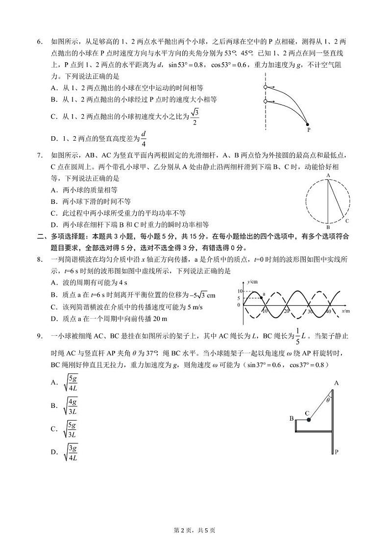 重庆市第一中学2023-2024学年高三上学期开学考试物理试题第2页