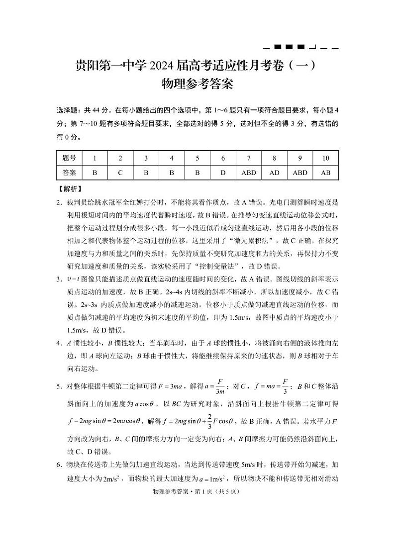 2023-2024学年贵州省贵阳市第一中学高三上学期适应性月考（一）物理 PDF版01