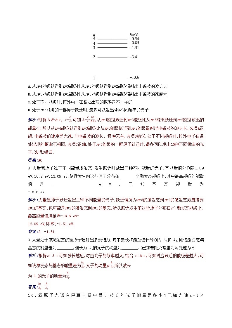 新教材2023高中物理第四章原子结构和波粒二象性4.4氢原子光谱和波尔的原子模型同步测试新人教版选择性必修第三册第3页