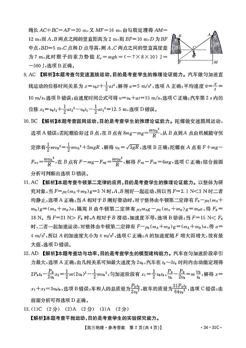 河南省2024届高三一轮复习阶段性检测（三）物理答案和解析第2页