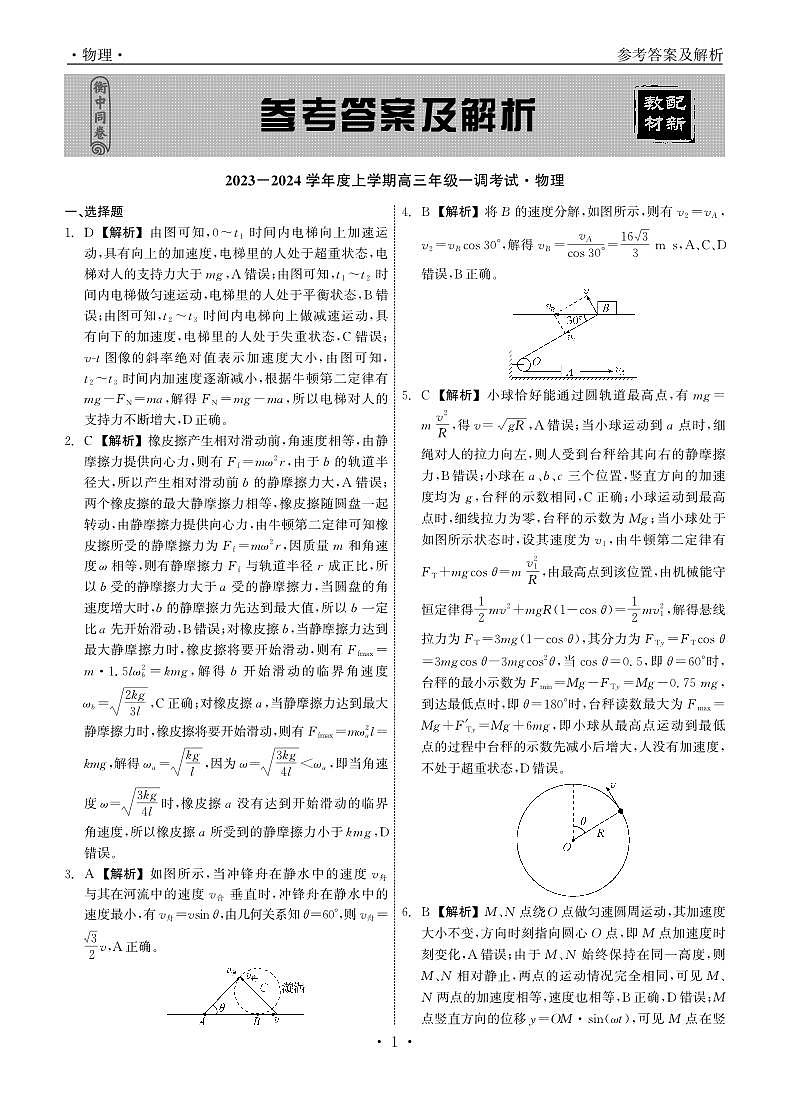 2024河北省衡中同卷度上学期高三年级一调考试物理试卷PDF版含答案01