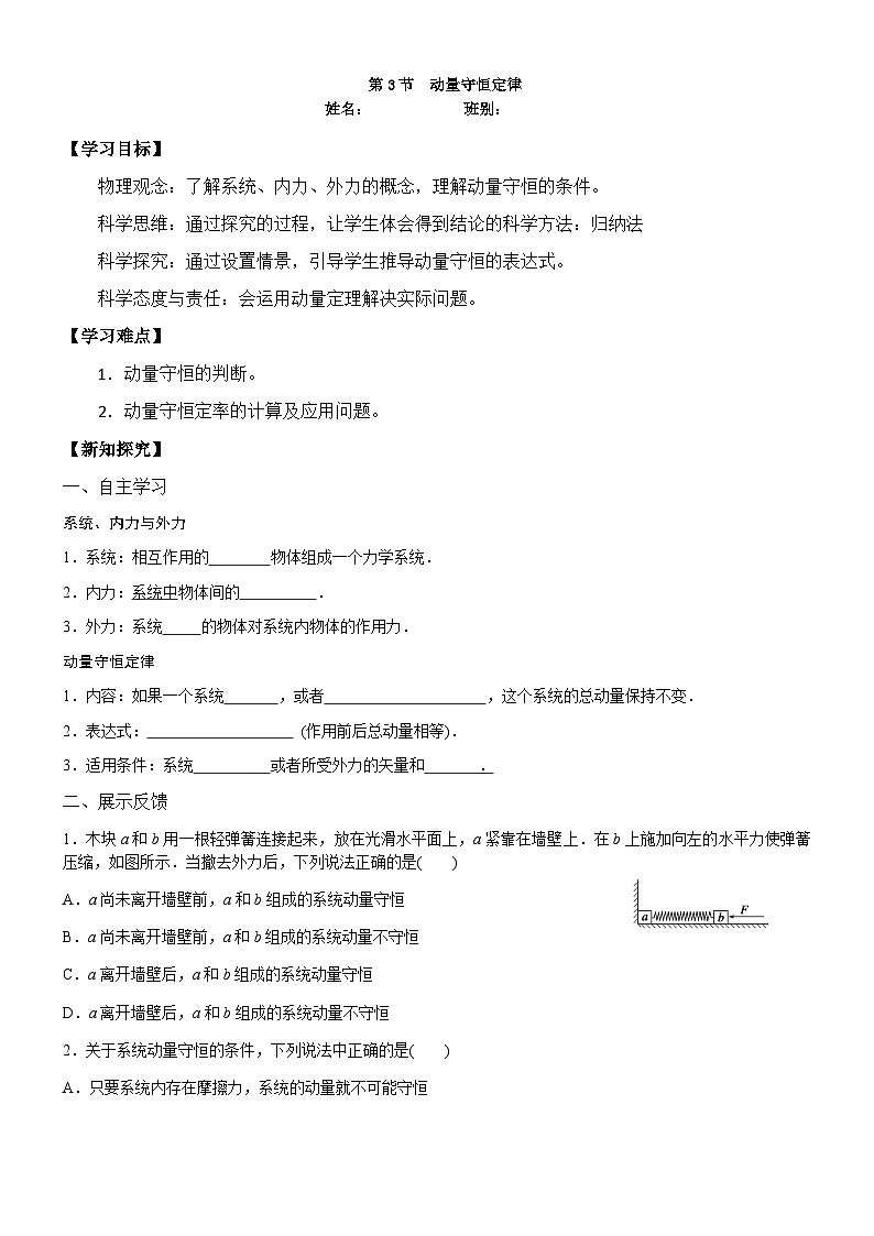 高中物理人教版（2019）选择性必修第一册导学案：16.3-动量守恒定律01