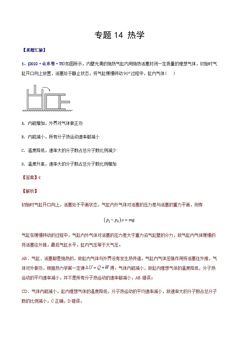 高考物理二轮复习分类训练专题14 热学（含解析）01