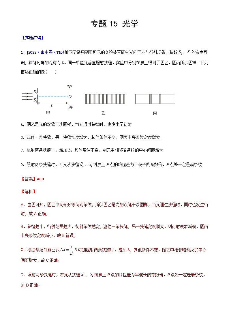 高考物理二轮复习分类训练专题15 光学（含解析）01