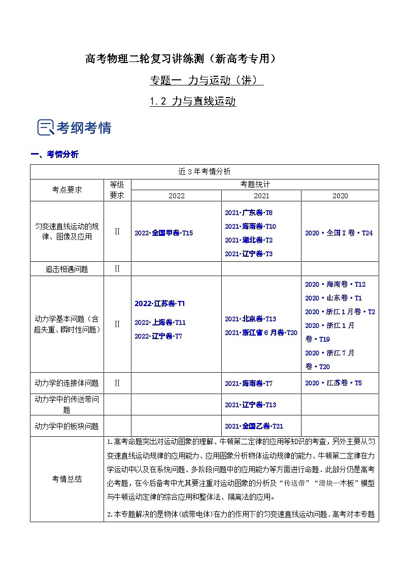 新高考物理二轮复习专题1.2 力与直线运动（精讲卷）（含解析）第1页