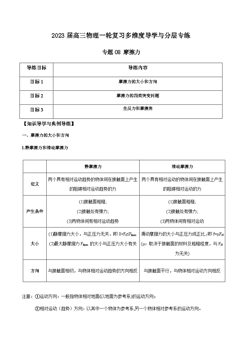 新高考物理一轮复习知识梳理+分层练习专题08 摩擦力（含解析）01
