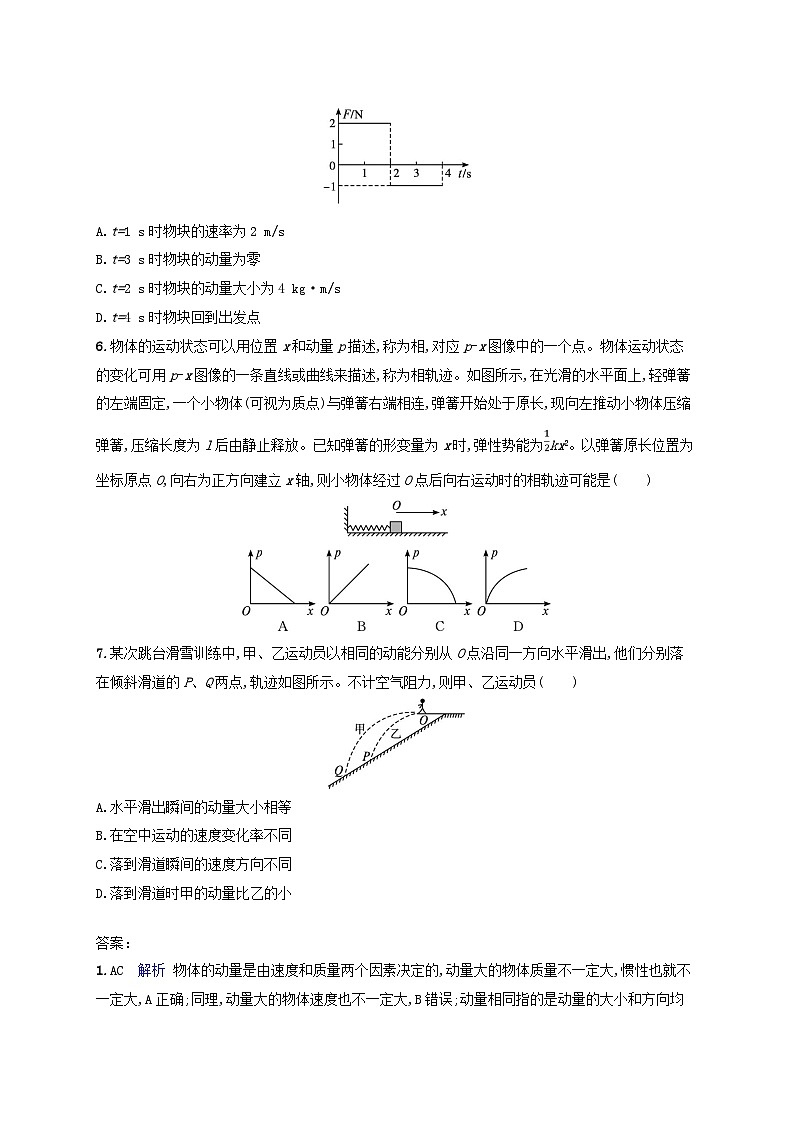 新教材2023_2024学年高中物理第1章动量与动量守恒定律分层作业1动量教科版选择性必修第一册第2页