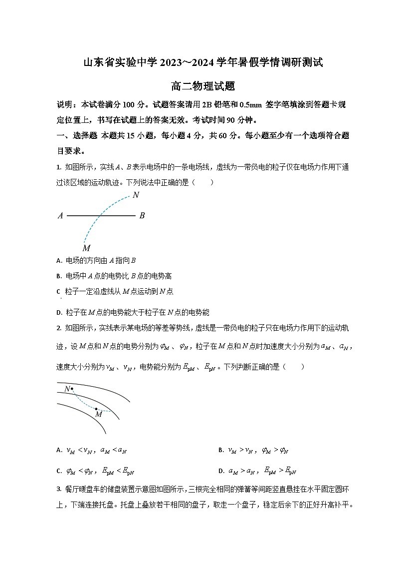 山东省济南市山东省实验中学2023-2024学年高二上学期开学检测物理试题第1页