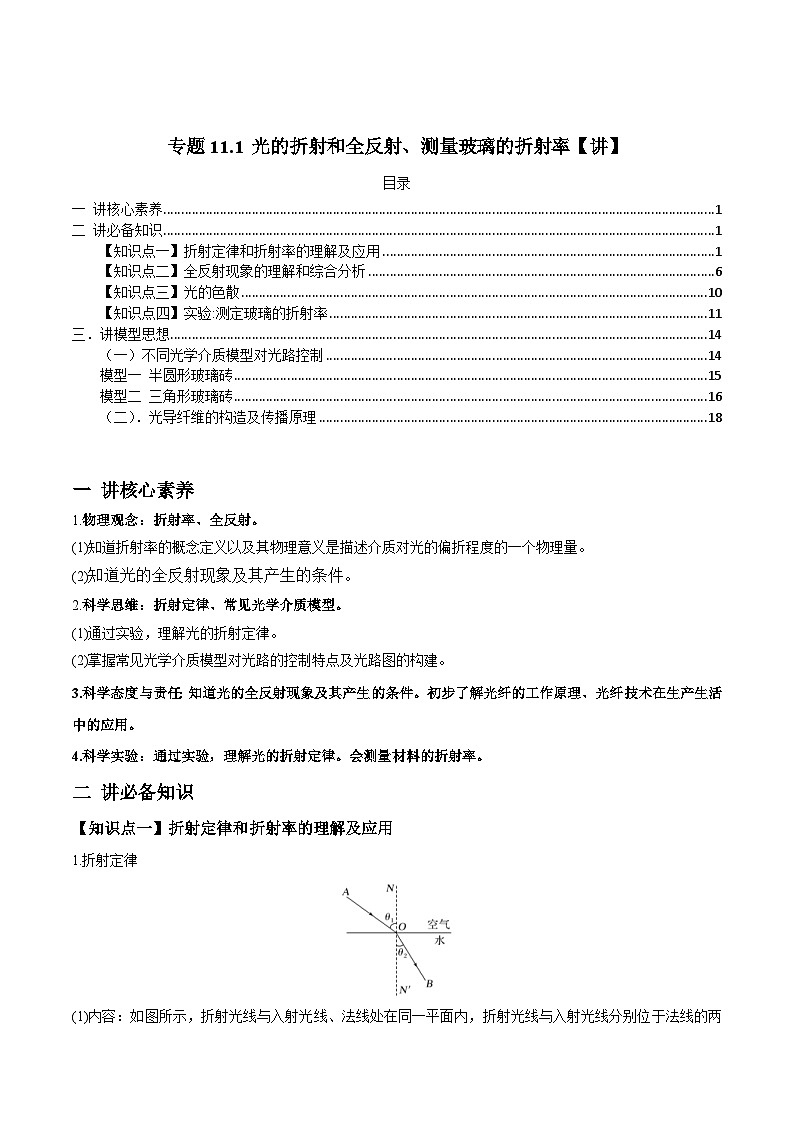 新高考物理一轮复习精品讲义专题11.1 光的折射和全反射、测量玻璃的折射率（含解析）第1页
