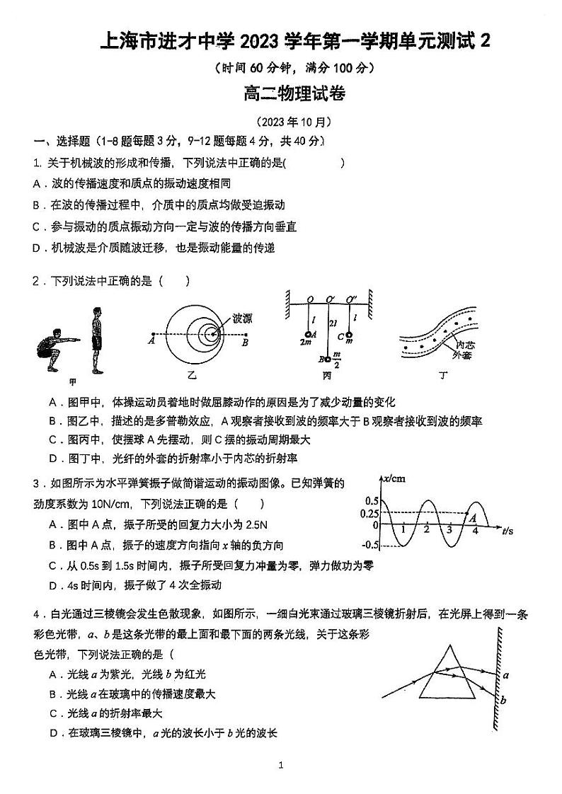 上海市进才中学2023-2024学年高二上学期10月月考物理试卷（月考）第1页