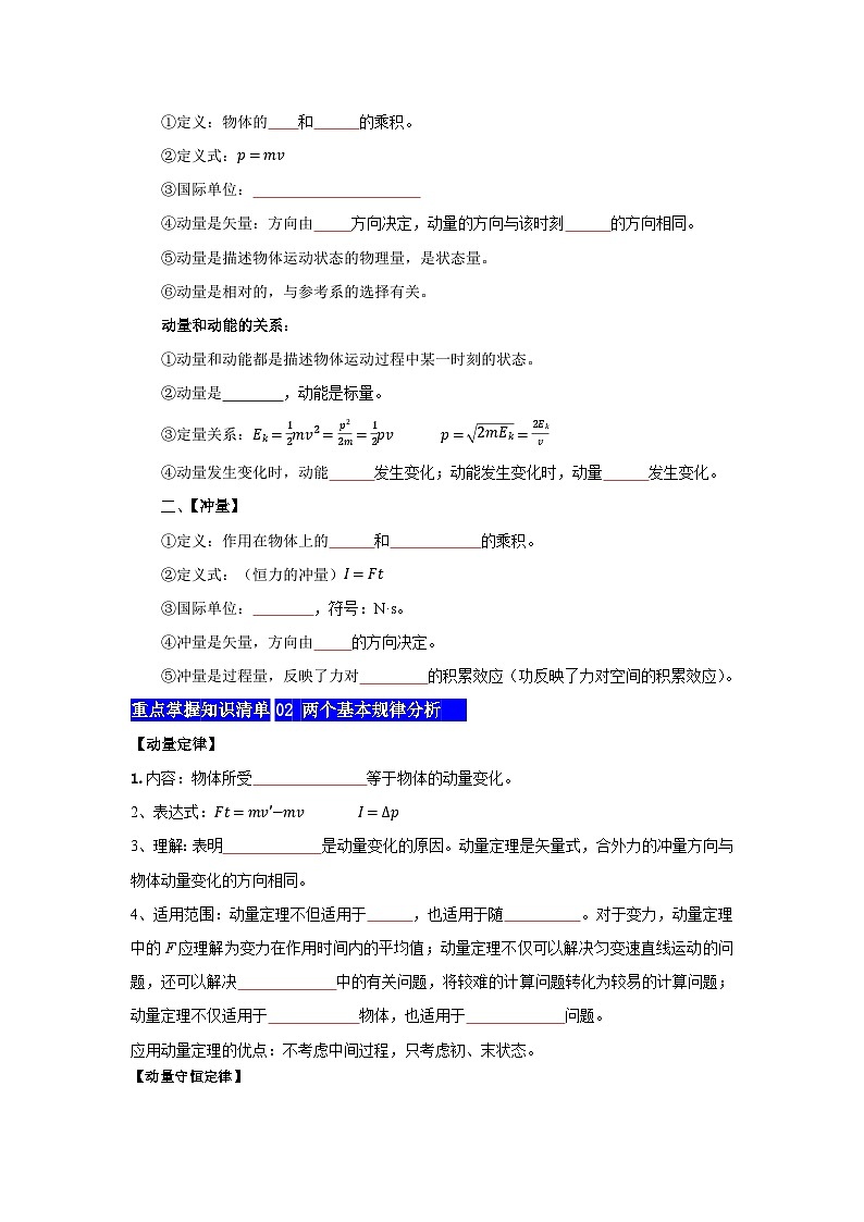 【期中知识点归纳】（人教版2019）高二上学期物理 选修1第1章 动量守恒定律 知识点归纳02
