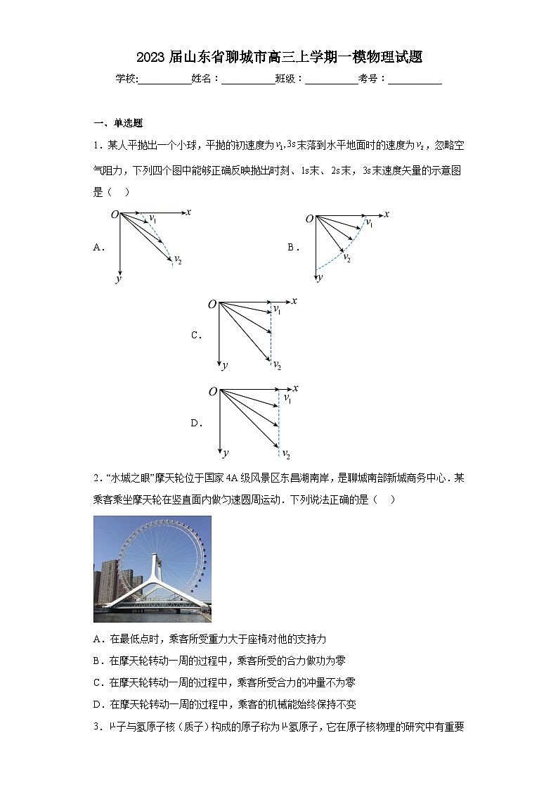 2023届山东省聊城市高三上学期一模物理试题01