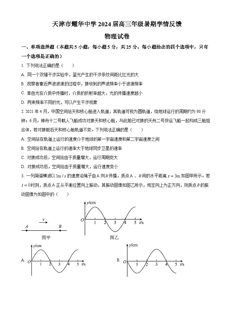 2023-2024学年天津市耀华中学高三上学期开学检测物理试题 Word版含解析01