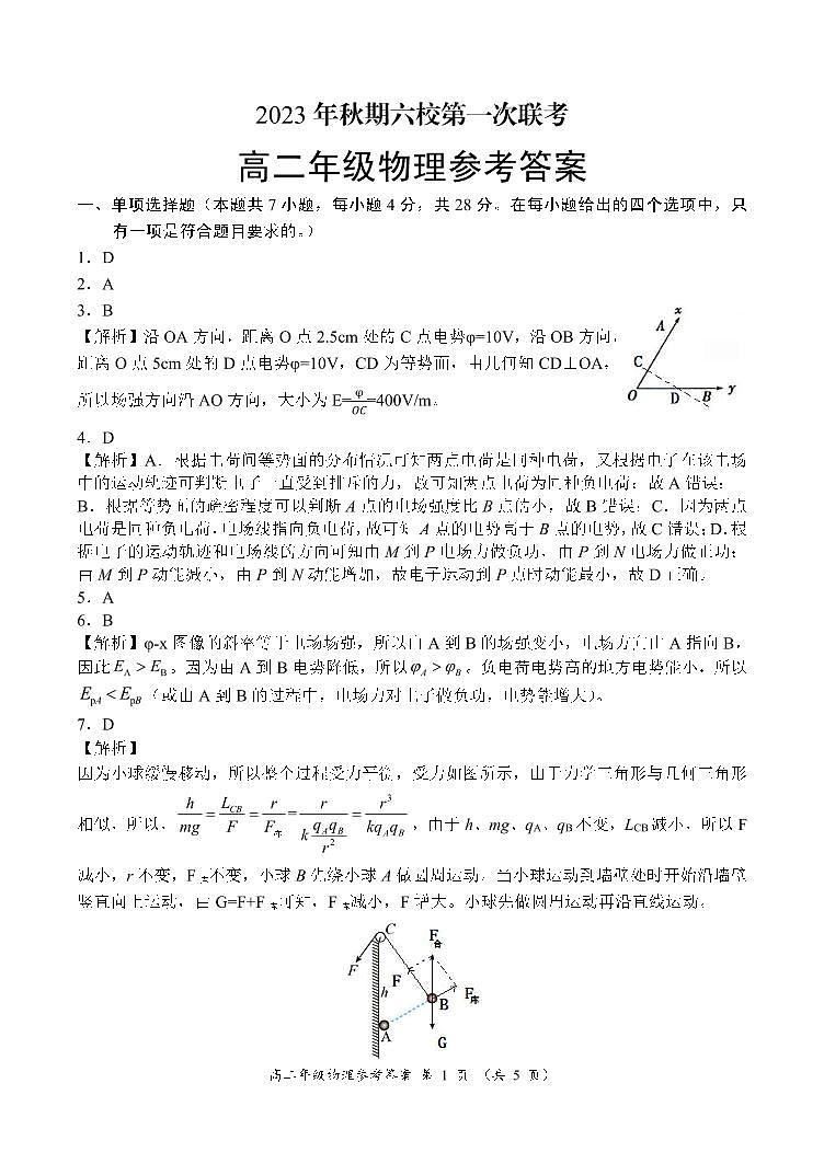 河南省南阳市六校2023-2024学年高二上学期10月联考物理答案第1页