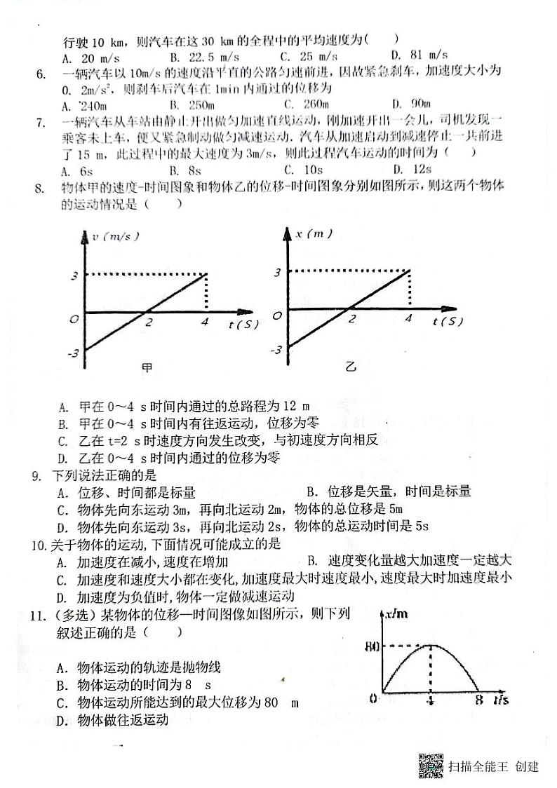陕西省渭南市韩城市象山中学2023-2024学年高一上学期10月月考物理试题02