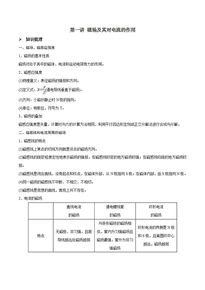 新高考物理一轮复习精讲精练第10章 磁场 第1讲 磁场及其对电流的作用（含解析）01
