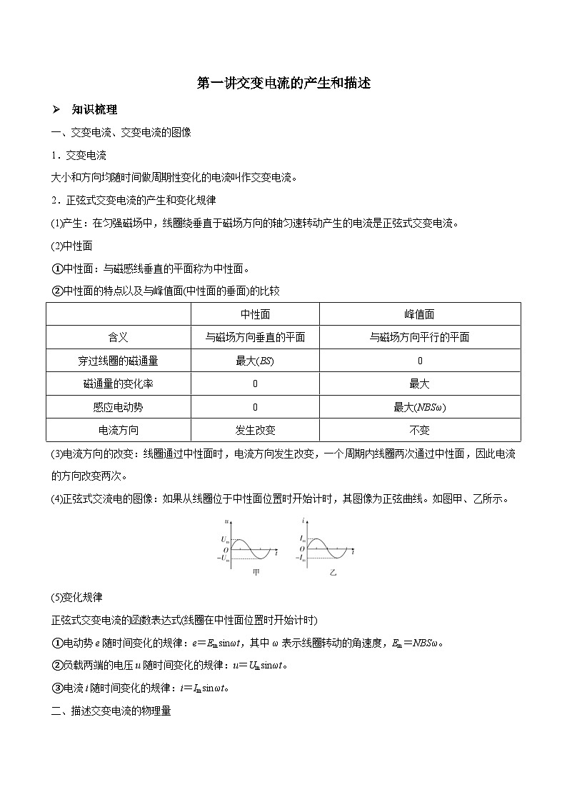 新高考物理一轮复习精讲精练第12章 交变电流 第1讲 交变电流的产生和描述（含解析）01