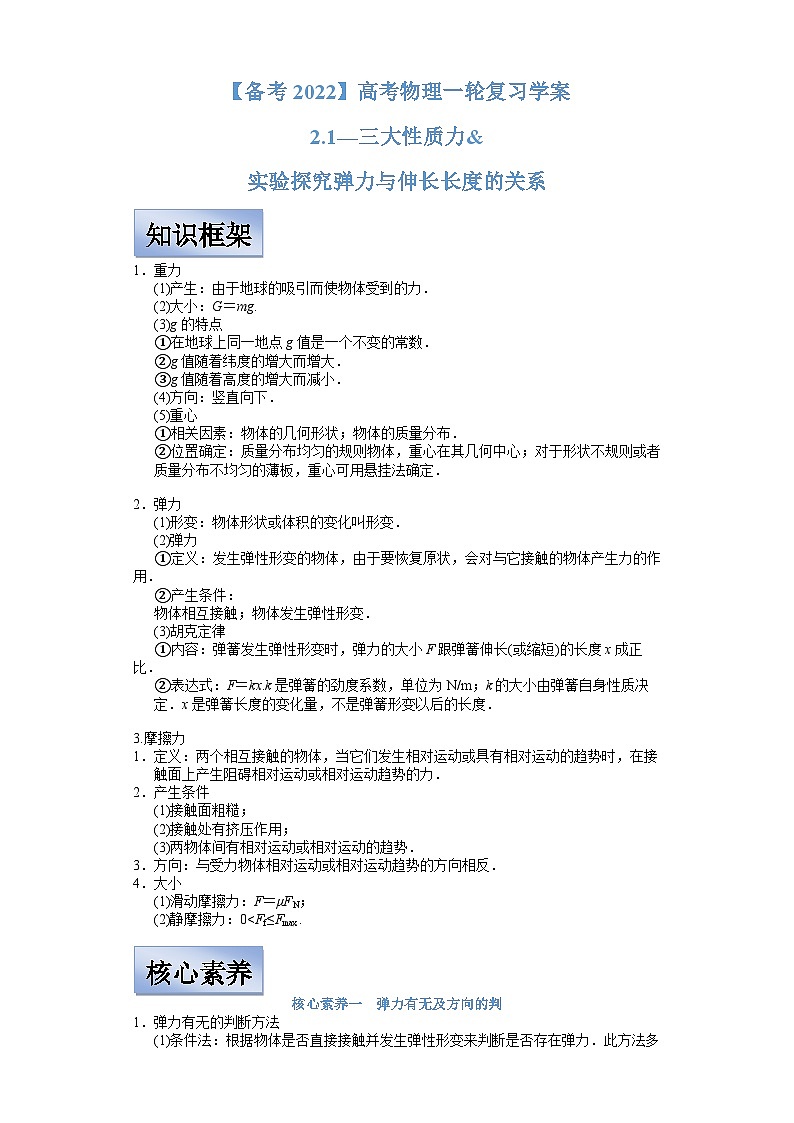 新高考物理一轮复习学案  2.1三大性质力及实验探究弹力和伸长伸长长度的关系（含解析）01